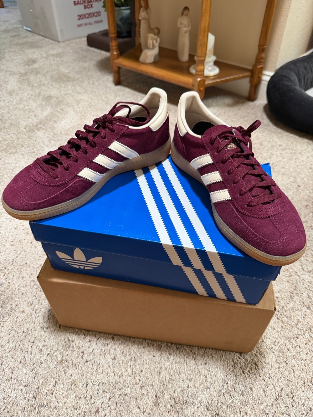 adidas Maroon Suede Low-Top Sneakers with White Stripes